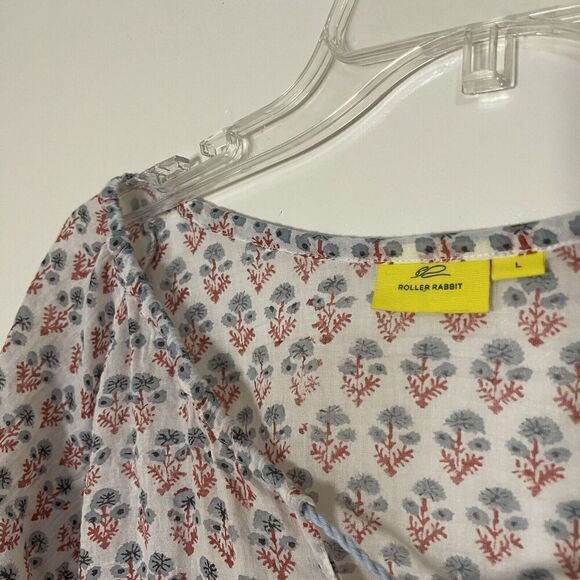 Roller Rabbit Red floral cotton knit lightweight tassle tie blouse top L - Picture 2 of 6